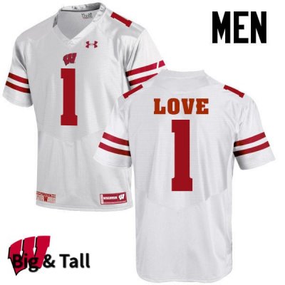 Men's Wisconsin Badgers NCAA #1 Reggie Love White Authentic Under Armour Big & Tall Stitched College Football Jersey KW31T07KX